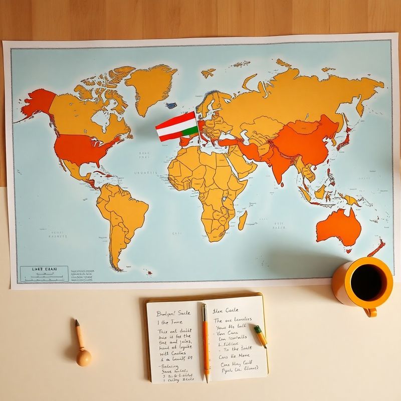 Vedere de sus a unui birou curat cu o hartă a lumii, stegulețe colorate în orașe europene și un caiet de notițe