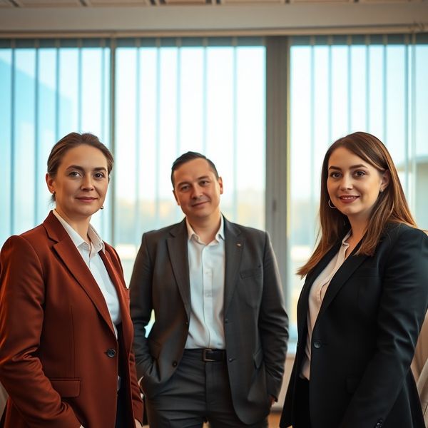 Trei profesioniști într-o sală de întâlniri luminoasă din Cluj-Napoca, cu accente azurii